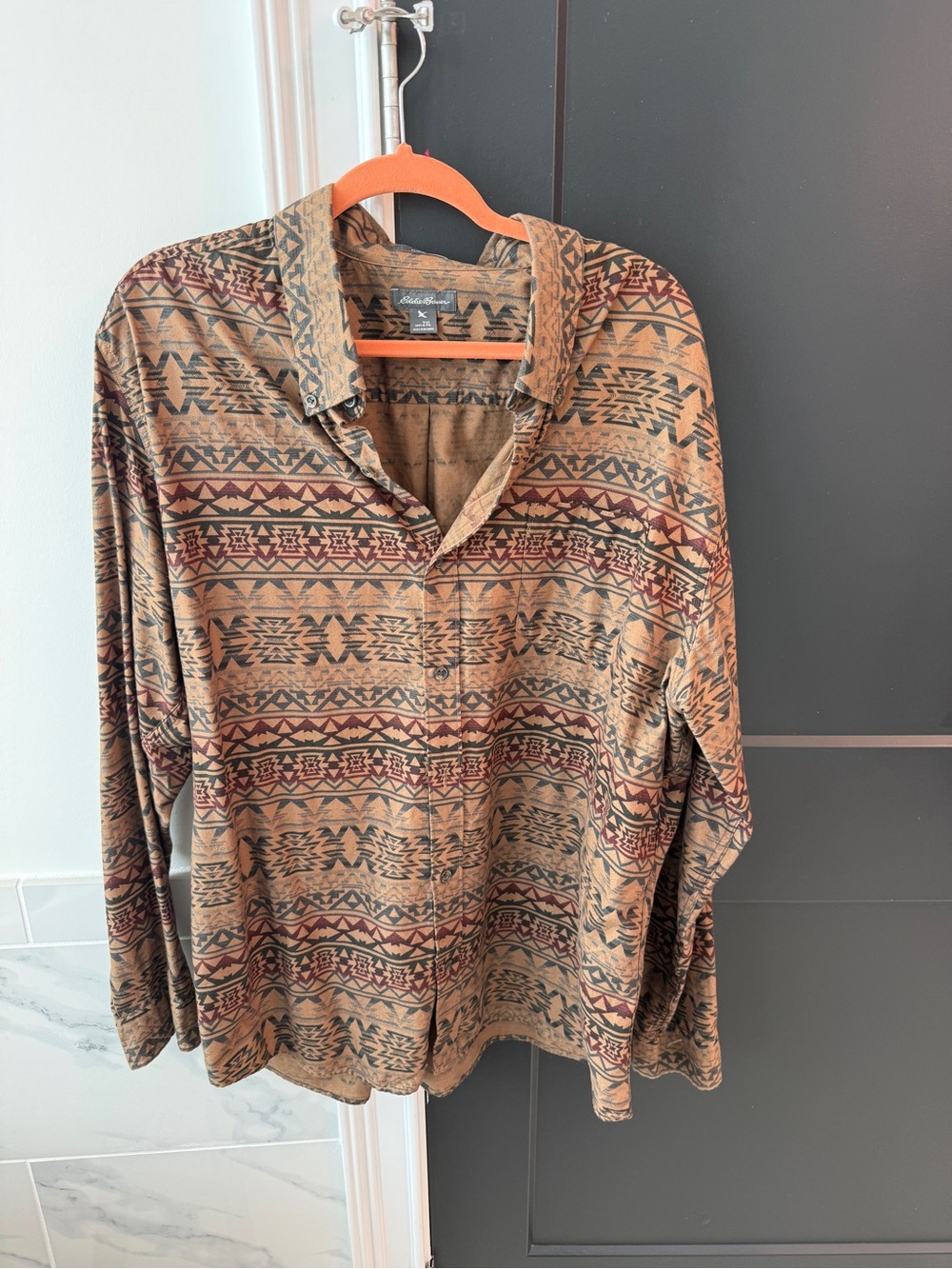 Eddie Bauer Tan Button-Down Shirt with Burgundy & Dark Geometric Print